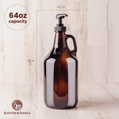 Half Gallon Glass Pump Dispenser Bottle, Large Jug with Pump for Laundry Soap Dispenser, Liquid Detergent, Fabric Softener, Syrup Pump - 64 oz Capacity - Amber Bottle- Pack of 2, by Kitchentoolz