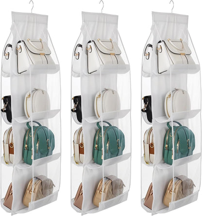 3Pack Hanging Handbag Organizer for Closet – 8 Clear PE Pockets, Space-Saving Purse Storage Holder (White, 41” x 13.5”)