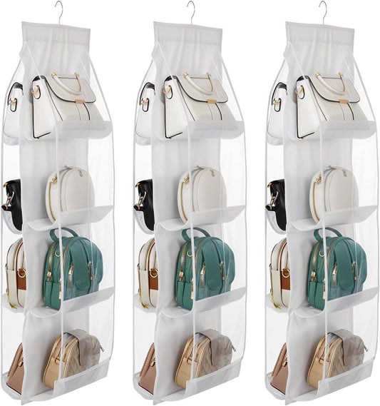 3Pack Hanging Handbag Organizer for Closet – 8 Clear PE Pockets, Space-Saving Purse Storage Holder (White, 41” x 13.5”)