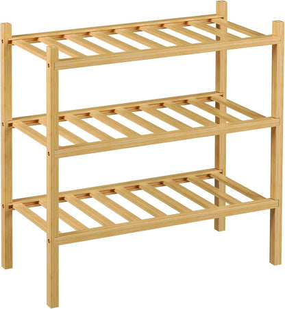 ROMGUAR CRAFT 3 Tier Bamboo Shoe Rack for Closet Free Standing Wood Shoe Shelf Storage Organizer for Entryway Small Space Stackable 27"x11"x20" (Natural)