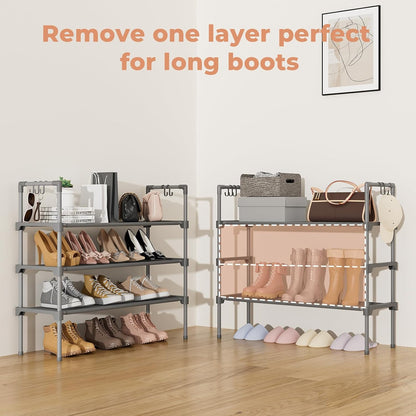 LANTEFUL 3 Tier Shoe Rack for Closet, Shoe Organizer with 5 Hooks, Long Shoe Shelf Storage for Sneaker and Boot Stackable Free Standing Shoe Rack for Entryway, Garage, Small Spaces, Dorm