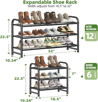 Simple Trending 3-Tier Stackable Shoe Rack, Expandable & Adjustable Shoe Shelf Storage Organizer, Wire Grid, Black