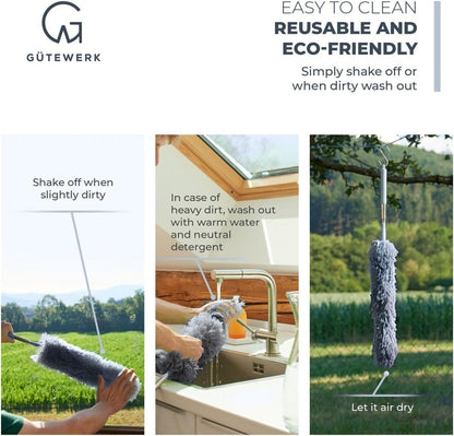Gütewerk Extendable Microfiber Duster, 55 Inch - Feather Dusters for Cleaning Ceiling Fans, Blinds, Baseboards & High Ceilings - Washable, Electrostatic, 360° Bendable Head, Stainless Steel Pole