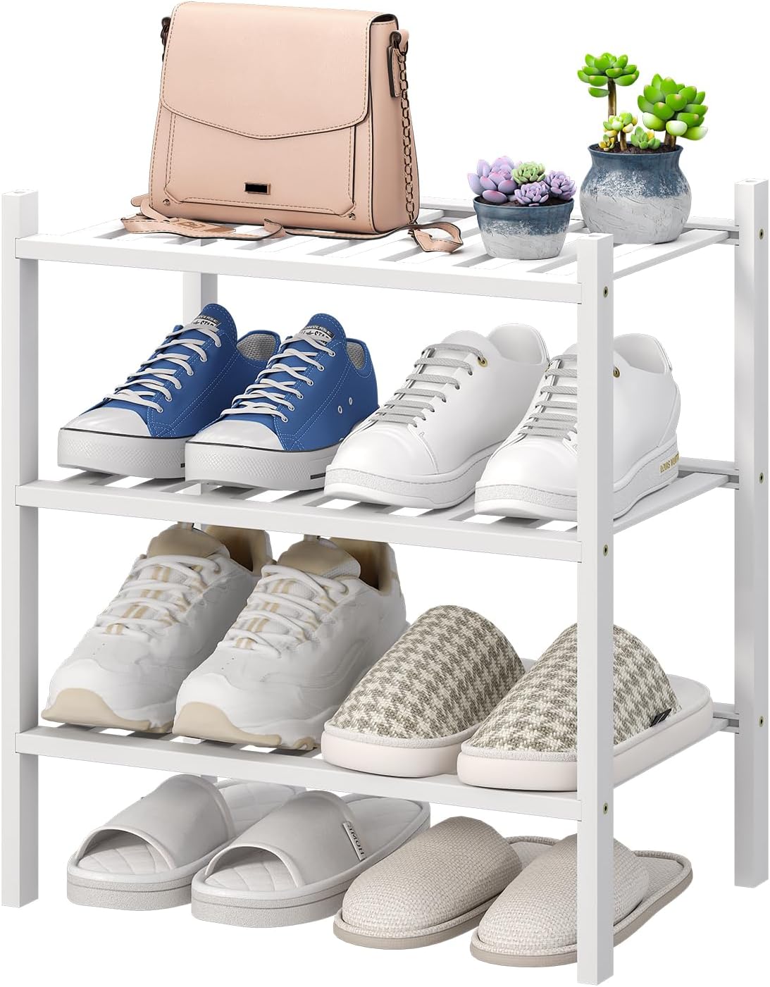 viewcare 3-Tier Black Bamboo Shoe Rack for Entryway, Stackable | Foldable | Natural, Shoe Shelf Storage Organizer for Hallway Closet, Free Standing Shoe Racks for Indoor Outdoor