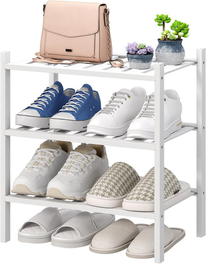 viewcare 3-Tier Black Bamboo Shoe Rack for Entryway, Stackable | Foldable | Natural, Shoe Shelf Storage Organizer for Hallway Closet, Free Standing Shoe Racks for Indoor Outdoor
