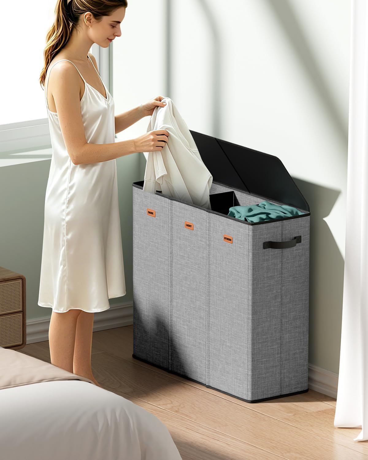 185L Laundry Hamper 3 Section with Lid & Removable Bags | Collapsible laundry basket organizer for laundry room, bedroom & dorm with 3 removable washing bags