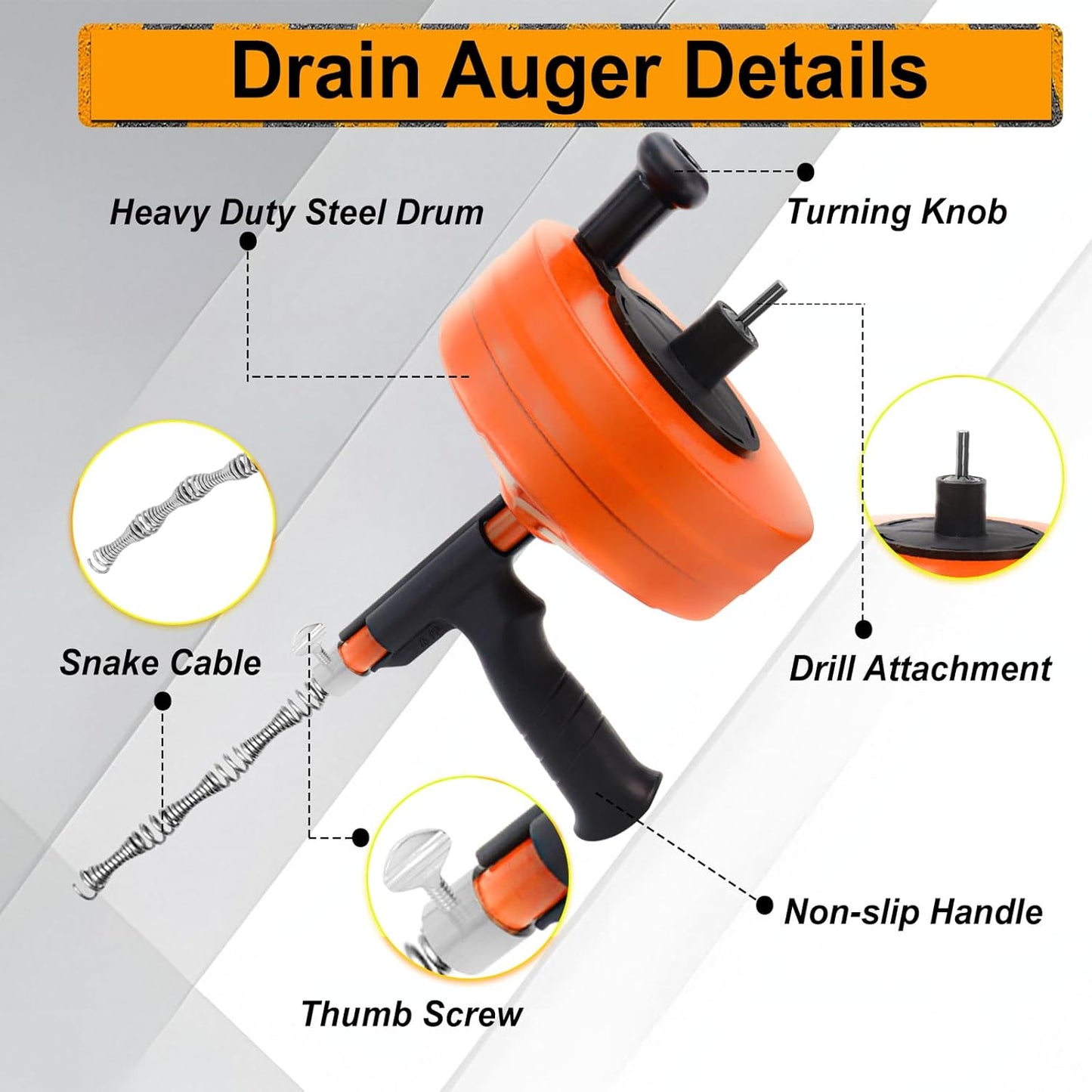 Drain Auger 50FT, Drain Snake with Drill Adapter, Plumbing Snake Clog Remover Use Manually or Powered for Kitchen, Bathtub and Shower Drains