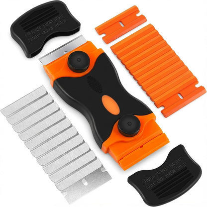 Mister Rui 2-in-1 Replaceable Razor Blade Scraper Tool with 10 Metal & 10 Plastic Blades, Safe Screw-On Design for Glass Cooktop Tile Floor Paint & Sticker Removal, Multi-Surface Cleaning Scraper