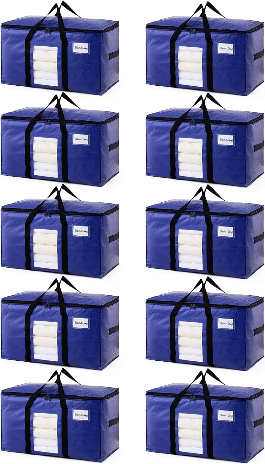 TAILI Extra Large Moving Bags, 4 Pack Blue Heavy Duty Totes For Storage with Visible Window, Wrap Around Handles, Storage Bags for Space Saving, Alternative to Moving Boxes