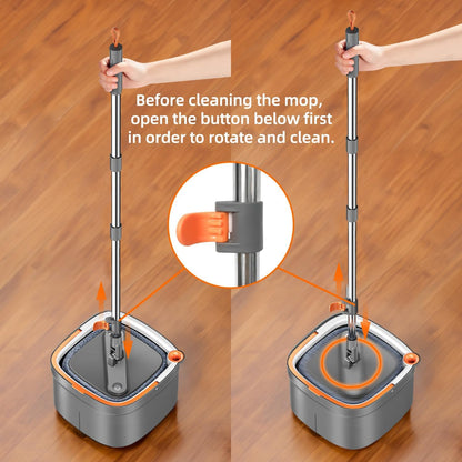 Spin Mop and Bucket Set with 2 Replaceable Microfiber Mop Pads with Self Separation Dirty and Clean Water System, Self Wringing 360° Rotating Square Mop Head for Hardwood Tile Marble Floors
