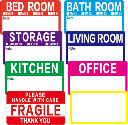 300 Count 3.5 x 2 Large Home Moving Packing Box Labels for 3-4 Bedroom House with Writable Notes Areas, 7 Color Coded Moving Labels for Boxes + Fragile Moving Stickers