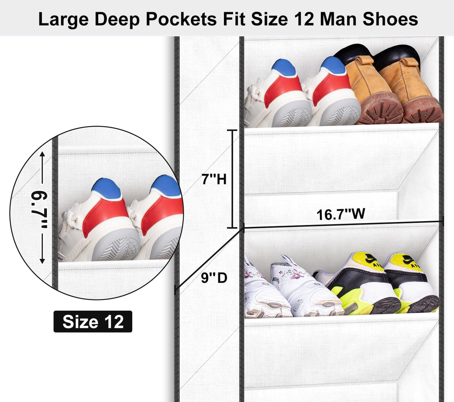 SLEEPING LAMB Over The Door Shoe Organizer for Closet with Large Deep Pockets, Narrow Shoe Rack for Door Hanging Boots Storage, Black