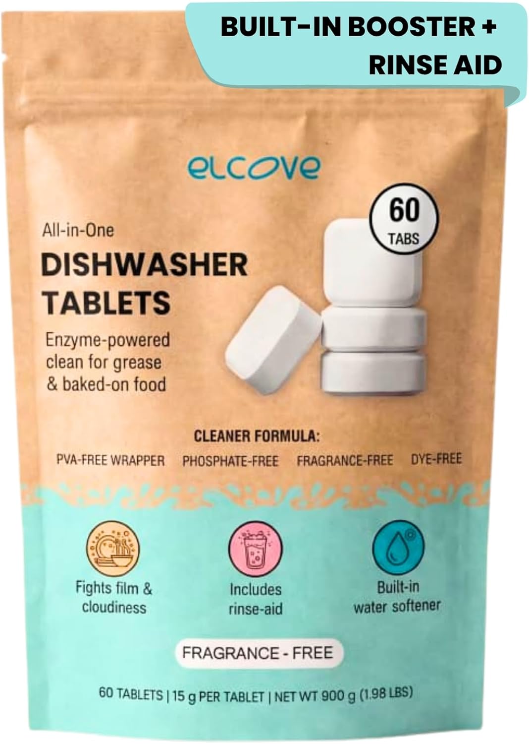 Non Toxic Dishwasher Detergent, 60pk All-in-One Dishwasher Tablets with Built-In Dishwasher Rinse Aid and Water Softener, Free and Clear Dishwasher Tabs, Unscented, Septic Safe