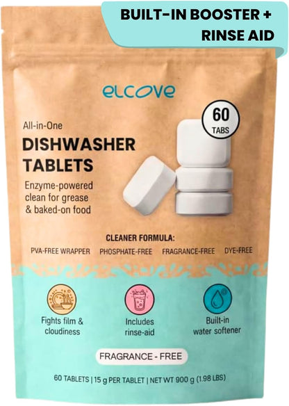 Non Toxic Dishwasher Detergent, 60pk All-in-One Dishwasher Tablets with Built-In Dishwasher Rinse Aid and Water Softener, Free and Clear Dishwasher Tabs, Unscented, Septic Safe