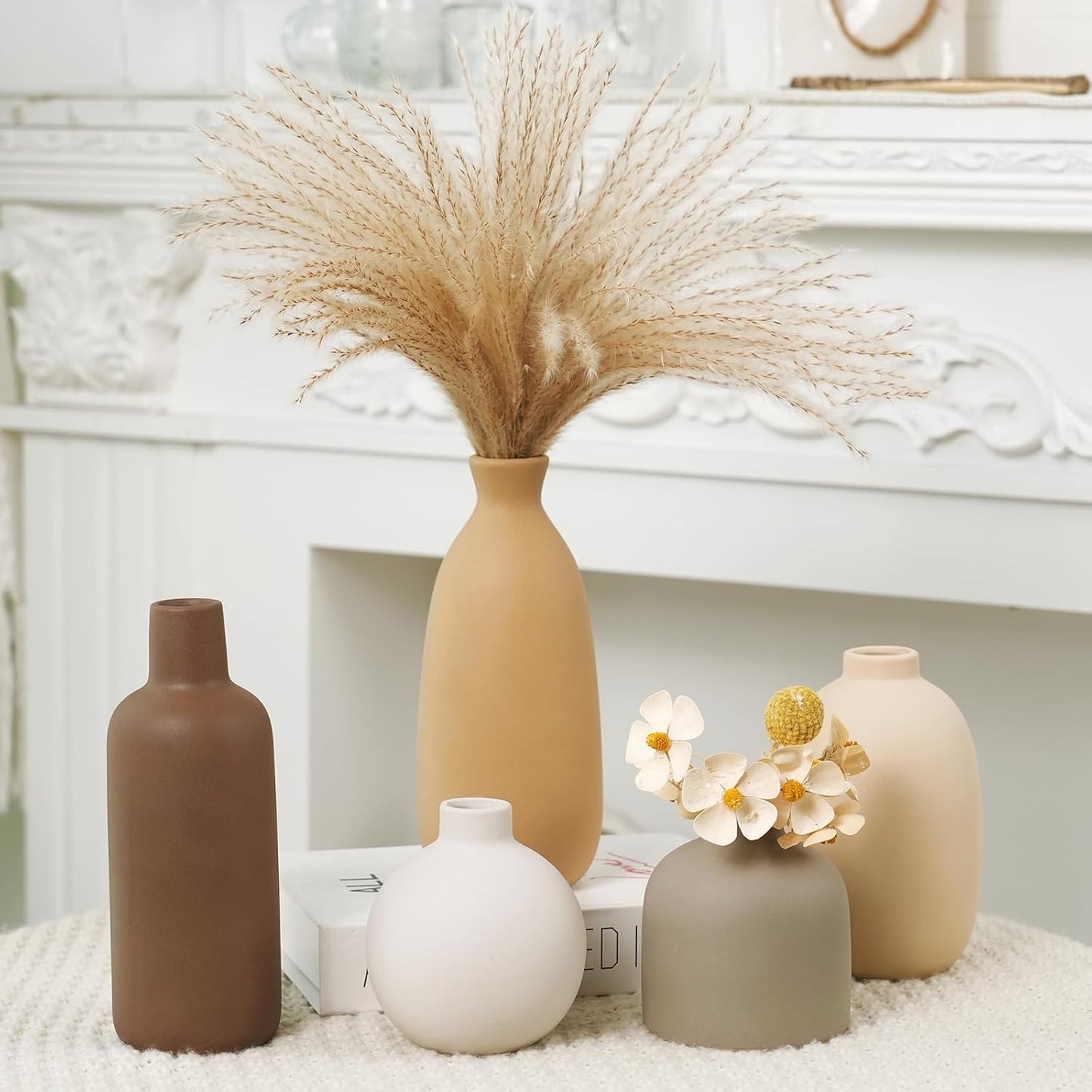 CUCUMI Ceramic Vase Set of 5, Home Decor Farmhouse Décor Handmade Pottery Vases for Pampas Grass, Dried Fresh Flowers, Table, Living Room, Kitchen, Shelf, Entryway Mantel Neutral Tones