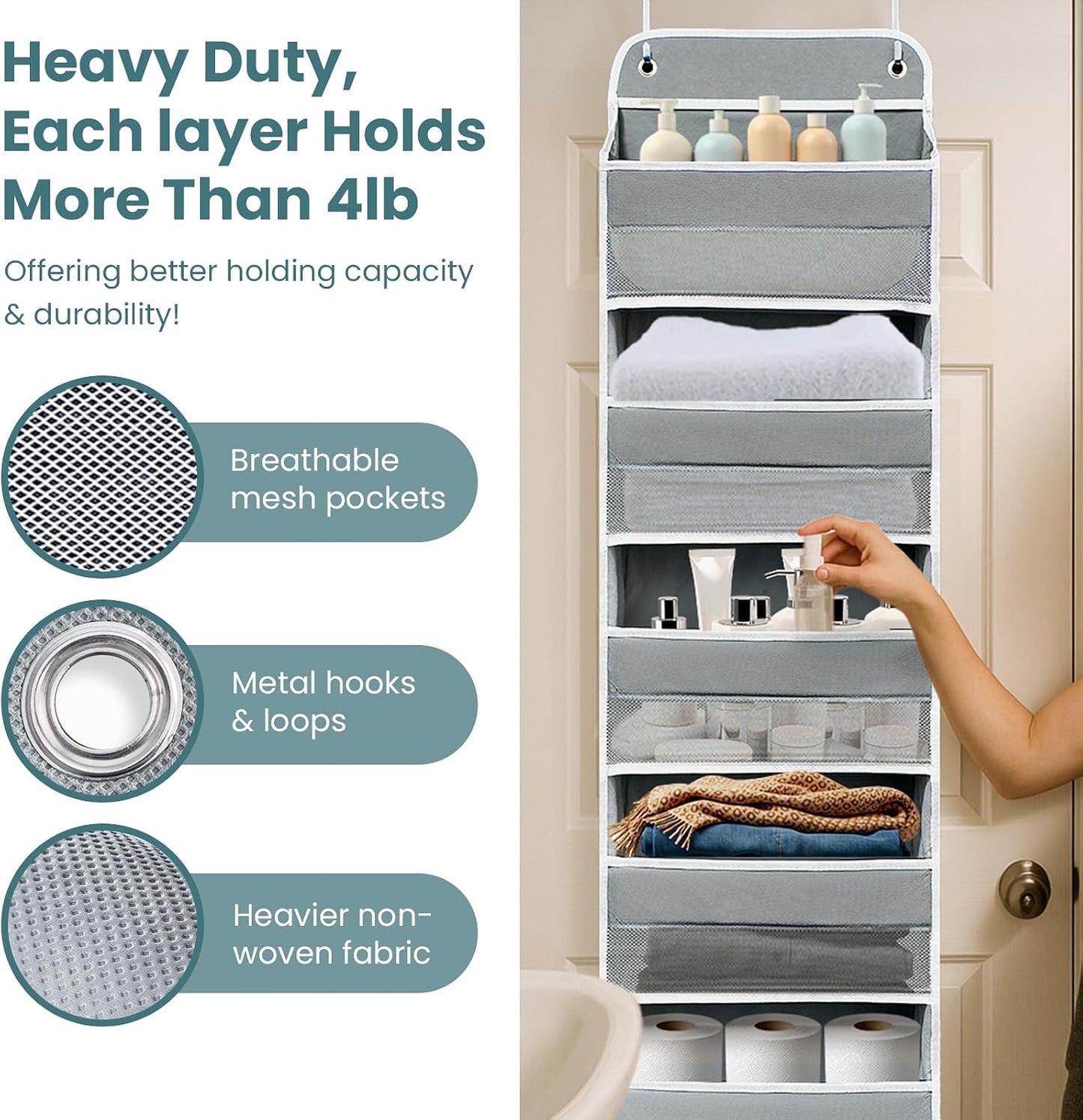 Over The Door Organizer with LifetimeWarranty, 4 Shelves & 4 Side Pockets, Large Storage Rack Holds 44lb, Heavy-Duty Reinforced Mesh Shelf for Bathroom, Closet, Toy Organization, Shoes, Towels, Grey