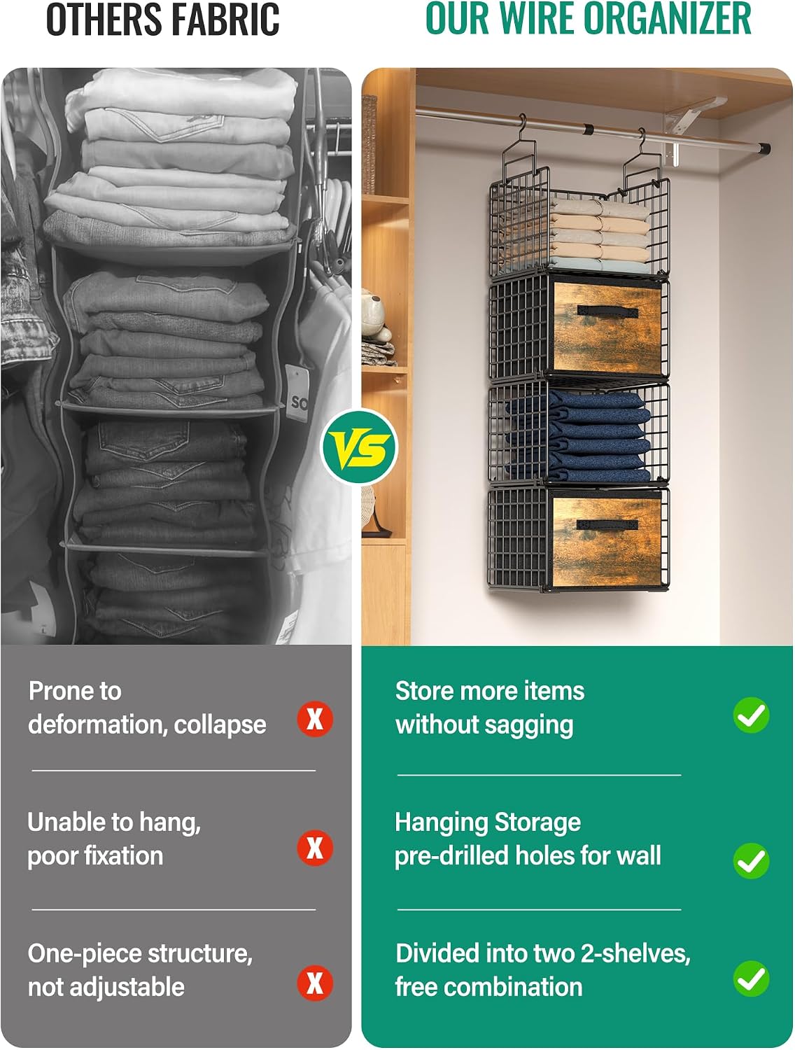 Hanging Closet Organizer, 4 Tier Metal Closet Organizers and Storage with 4 Hanging Hooks 4 S-Hooks for Wardrobe Laundry Room, Wire Storage Shelf for Clothes Sweaters Pants (White)