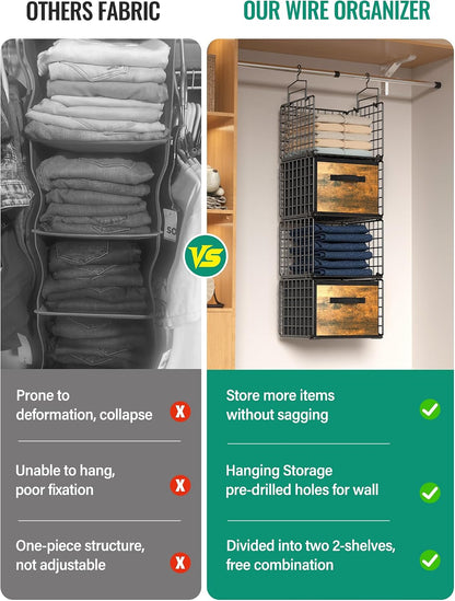 Hanging Closet Organizer, 4 Tier Metal Closet Organizers and Storage with 4 Hanging Hooks 4 S-Hooks for Wardrobe Laundry Room, Wire Storage Shelf for Clothes Sweaters Pants (White)