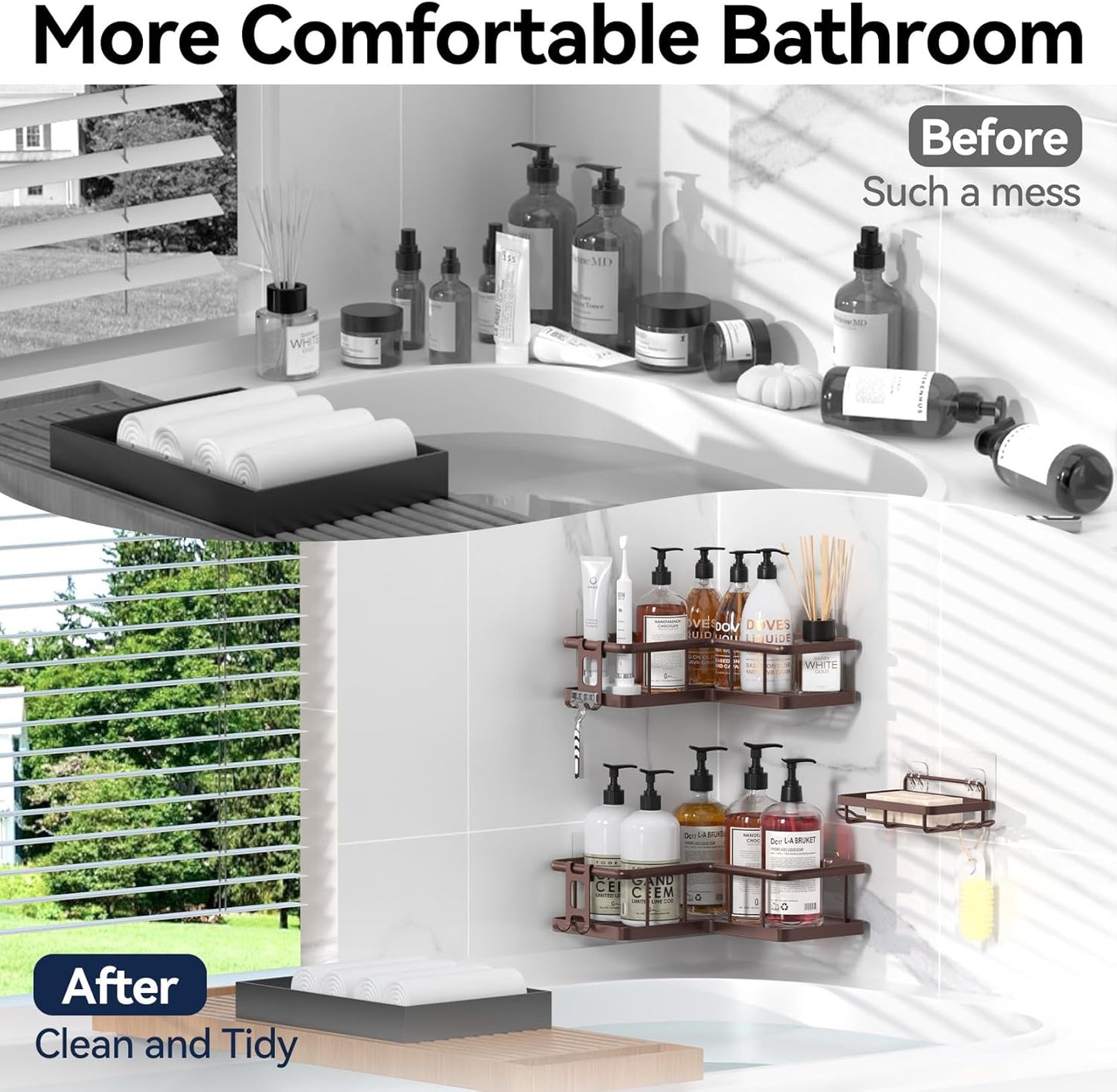 YASONIC Corner Shower Caddy, 5-Pack Adhesive Rustproof Stainless Steel Shower Organizer with Soap Holder, No Drilling Shower Shelf for Inside Shower, Dorm, Renters, Black