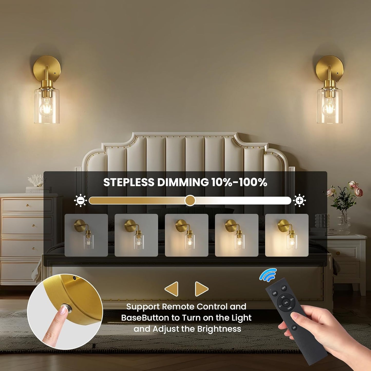 Epinl Battery Operated Black Wall Sconce Set of 2, Wireless Rechargeable Wall Lights with Remote Control, Modern Dimmable Wall Mount Lamps for Bedroom Living Room Bathroom, 3000K