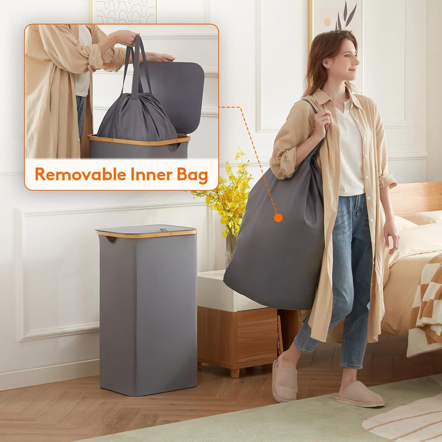 Lifewit 120L Laundry Basket with Lid, Clothes Hampers for Laundry with Bamboo Handles and 2 Removable Bag, Large Foldable Laundry Hamper for Bedroom, Bathroom, Dorm, Laundry Room, Beige
