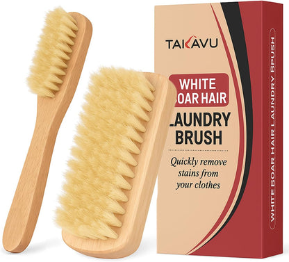 TAKAVU Laundry Brush Set, Soft Boar Bristle, Gentle on Delicate Fabrics | Stain Scrub Brush for Clothes, Upholstery, Delicate Knits, Cotton & Linen, Washable Spot & Garment Care Cleaner