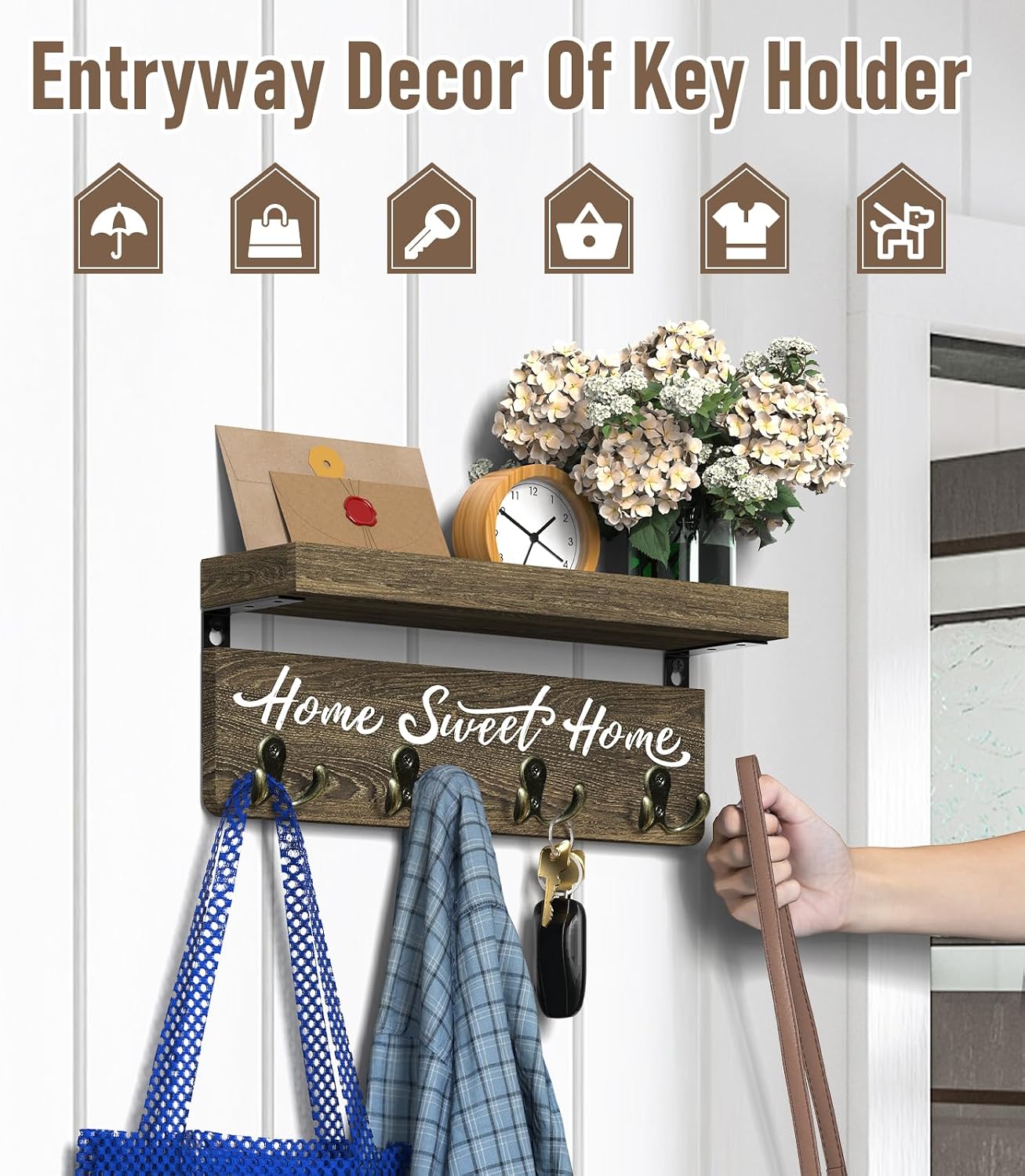 buways Key Holder Wall Mount with 4 Double Hooks-Solid Wood Wall-Mounted Organizer for Keys&Mail Rustic Key Rack Hanger Holder Home Decor for Entryway Living Room (Gray)