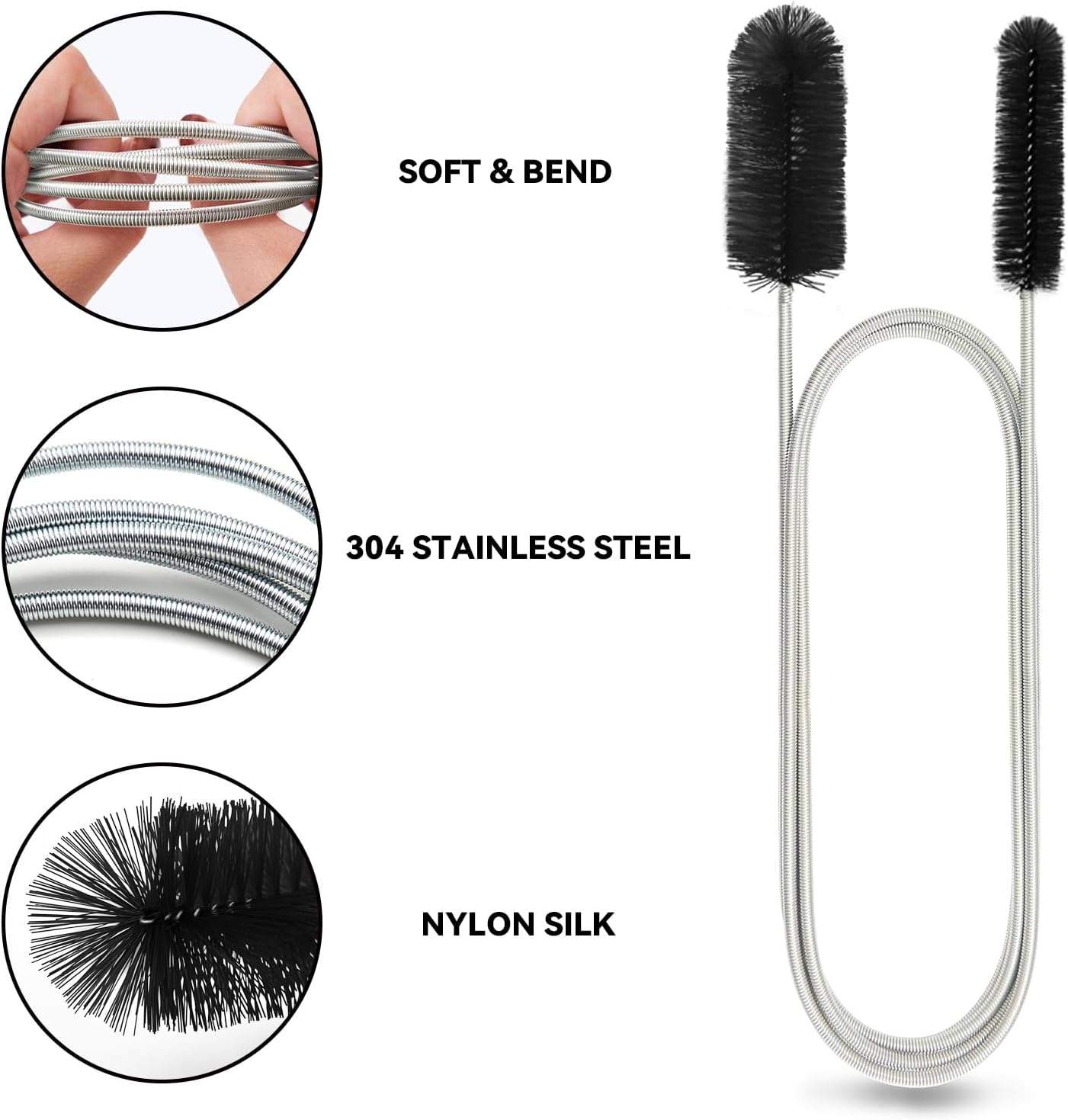Flexible Drain Brush, 66 Inch Long Double Ended Hose Pipe and 58 Inch Tube Cleaning Brush and 2 Pack 8 Inch Straw Cleaner Brush