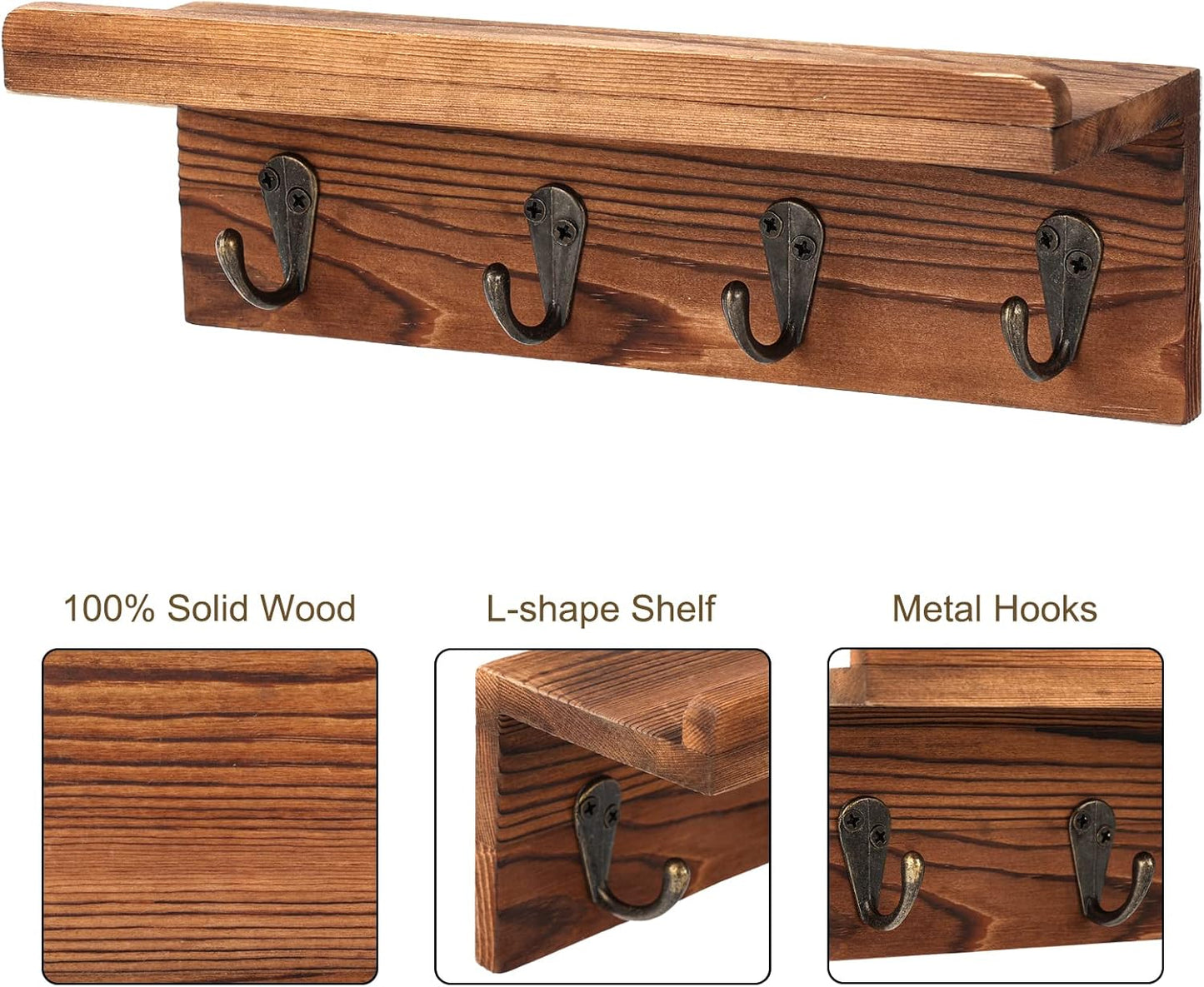 HRONRAD Rustic Key Holder for Wall, Farmhouse Wall Shelf with 4 Hooks, Wall Mounted Key Racks, Wooden Mail Organizer with Hooks for Entryway (Brown)