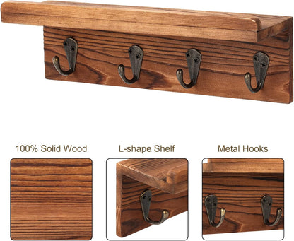 HRONRAD Rustic Key Holder for Wall, Farmhouse Wall Shelf with 4 Hooks, Wall Mounted Key Racks, Wooden Mail Organizer with Hooks for Entryway (Brown)