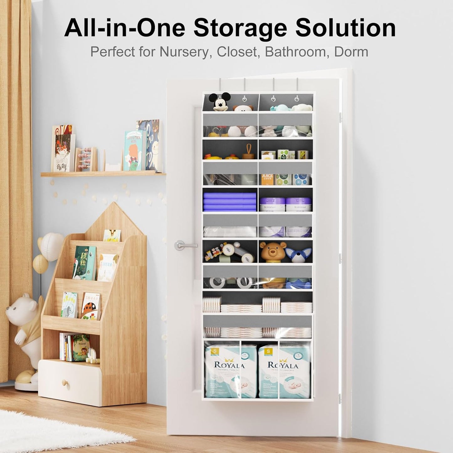 Over the Door Hanging Organizer - Closet Door Organizer and Storage with Large Pockets, Swing-Proof Behind The Door Organizer for Bathroom Nursery (Grey, 1 Pack -Extra Large 6 Tier)