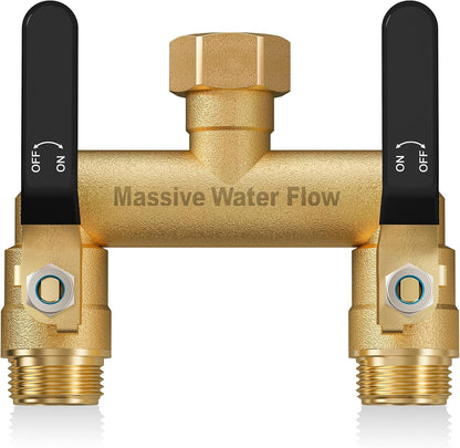 Hose Splitter 2 Way Heavy Duty, Full Flow Garden Hose Splitter with 2 Long Metal Handles, Brass Rust and Freeze Resistant Water Hose Bib Splitter, T Adapter Connector with 3/4 - Inch GHT Thread（Red）