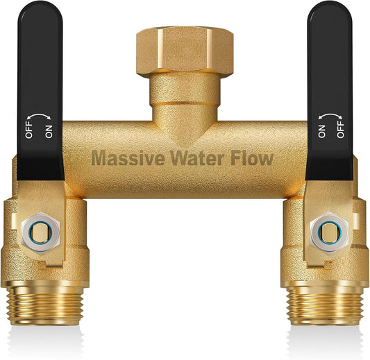 Hose Splitter 2 Way Heavy Duty, Full Flow Garden Hose Splitter with 2 Long Metal Handles, Brass Rust and Freeze Resistant Water Hose Bib Splitter, T Adapter Connector with 3/4 - Inch GHT Thread（Red）