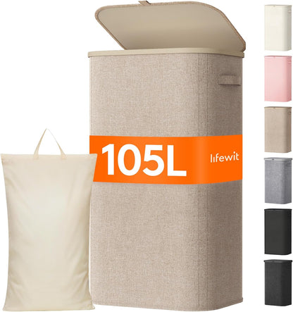 Lifewit 165L Large Laundry Basket with Lid, Laundry Hamper with Plastic Handles and Removable Bag, Foldable Tall Dirty Clothes Hampers for Laundry for Laundry Room, Bedroom, Bathroom, Dorm, Beige