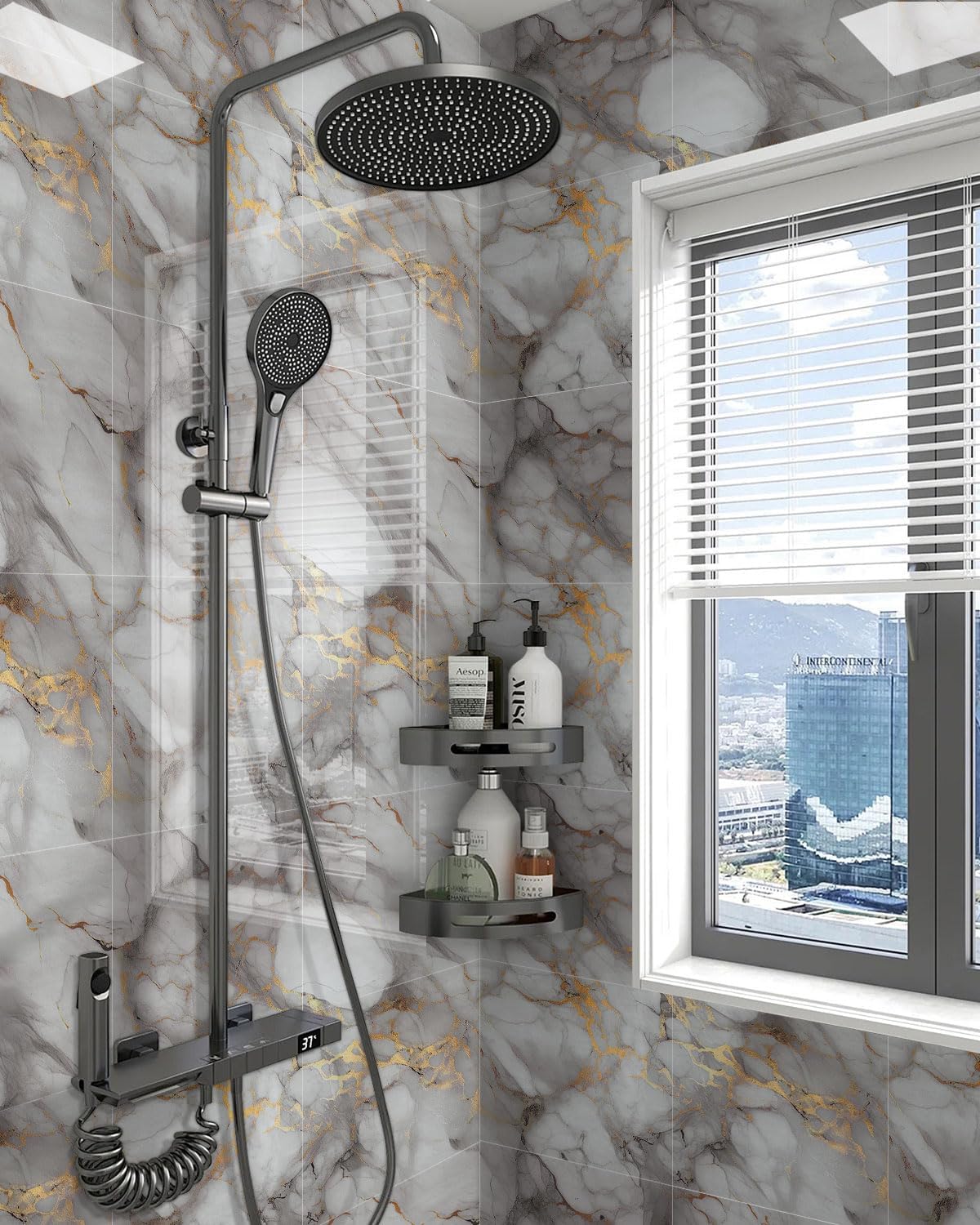 WADILE 10pcs Peel and Stick Shower Waterproof Marble Tiles Wall Panels, 11.8"x11.8" Self-Adhesive Backsplash, for Home Bathroom, Kitchen, Living Room White (Not Real Tile)