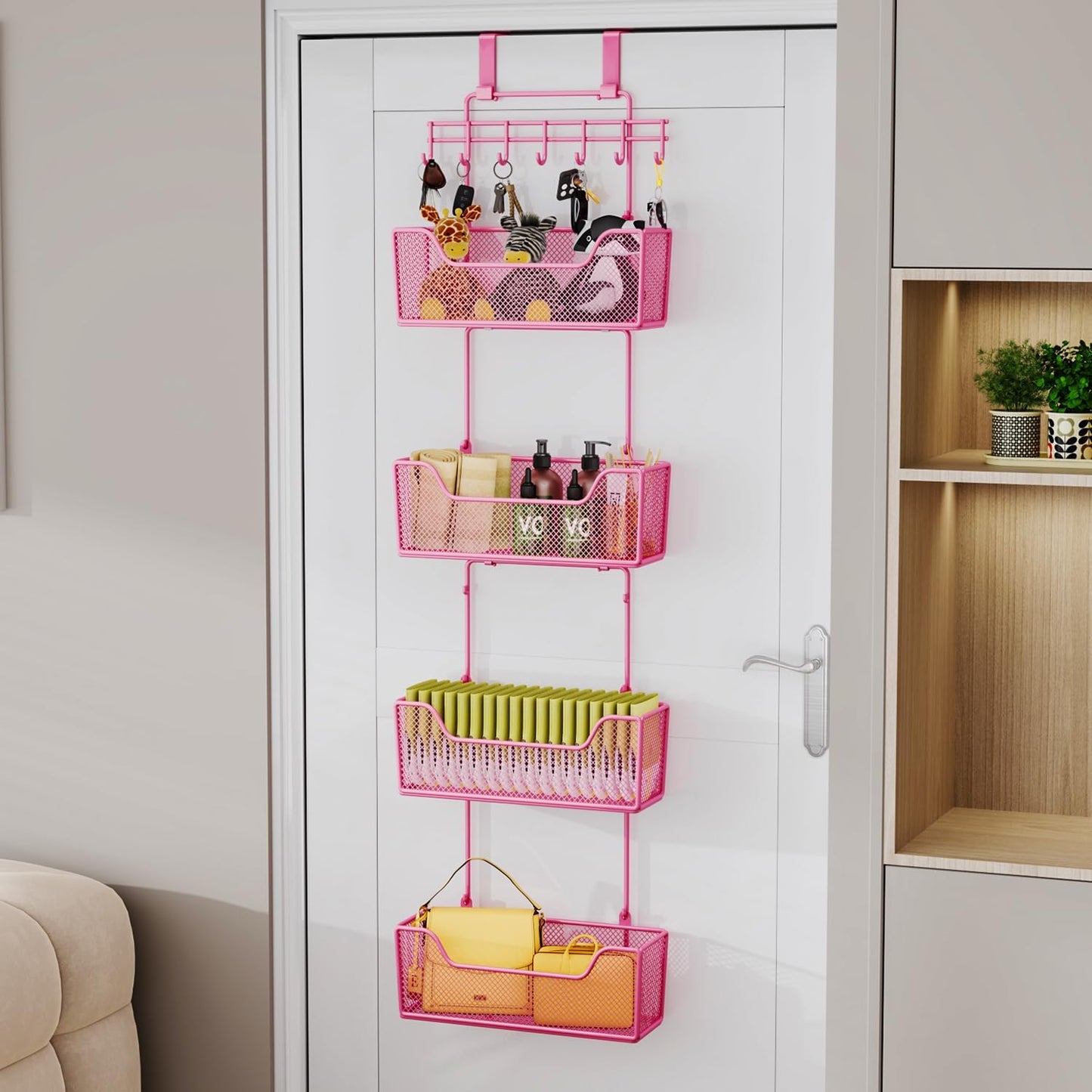 HapiRm Over The Door Organizer - Hanging Door Organizer with 4 Metal Large Capacity Baskets and Adjustable Coat Hook for Bathroom Bedroom Kitchen Pantry Closet Cabinet