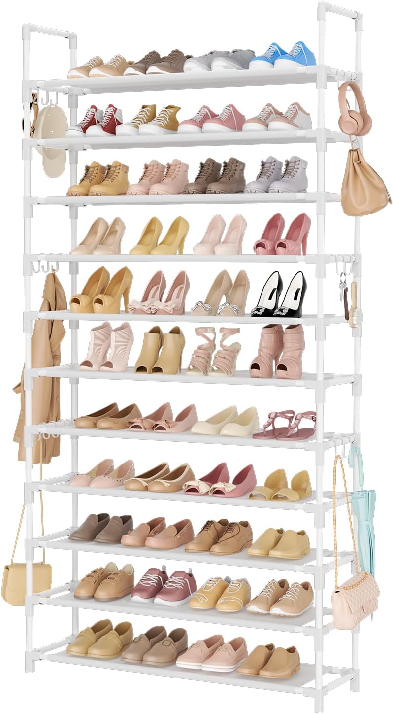LANTEFUL 10 Tiers Shoe Rack 50 Pairs Large Capacity Tall Shoe Organizer Sturdy Shoe Storage with Two Hooks Space Saving Metal Wide Shoe Rack for Closet, Entryway, Bedroom, Black