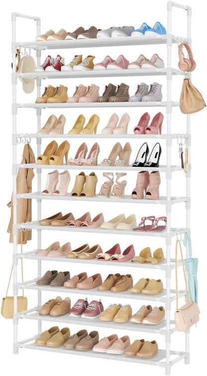 LANTEFUL 10 Tiers Shoe Rack 50 Pairs Large Capacity Tall Shoe Organizer Sturdy Shoe Storage with Two Hooks Space Saving Metal Wide Shoe Rack for Closet, Entryway, Bedroom, Black