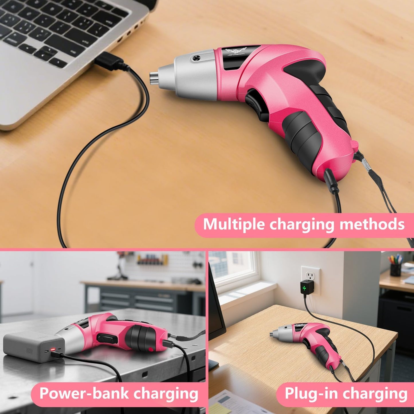 JENABOM Pink 3.6V USB Cordless Electric Screwdriver & Household Tool Kit | Power Screwdriver and Hand Tools in a Compact Box Case for Small Repair and Maintenance- Ideal Housewarming Gift, 112Pcs