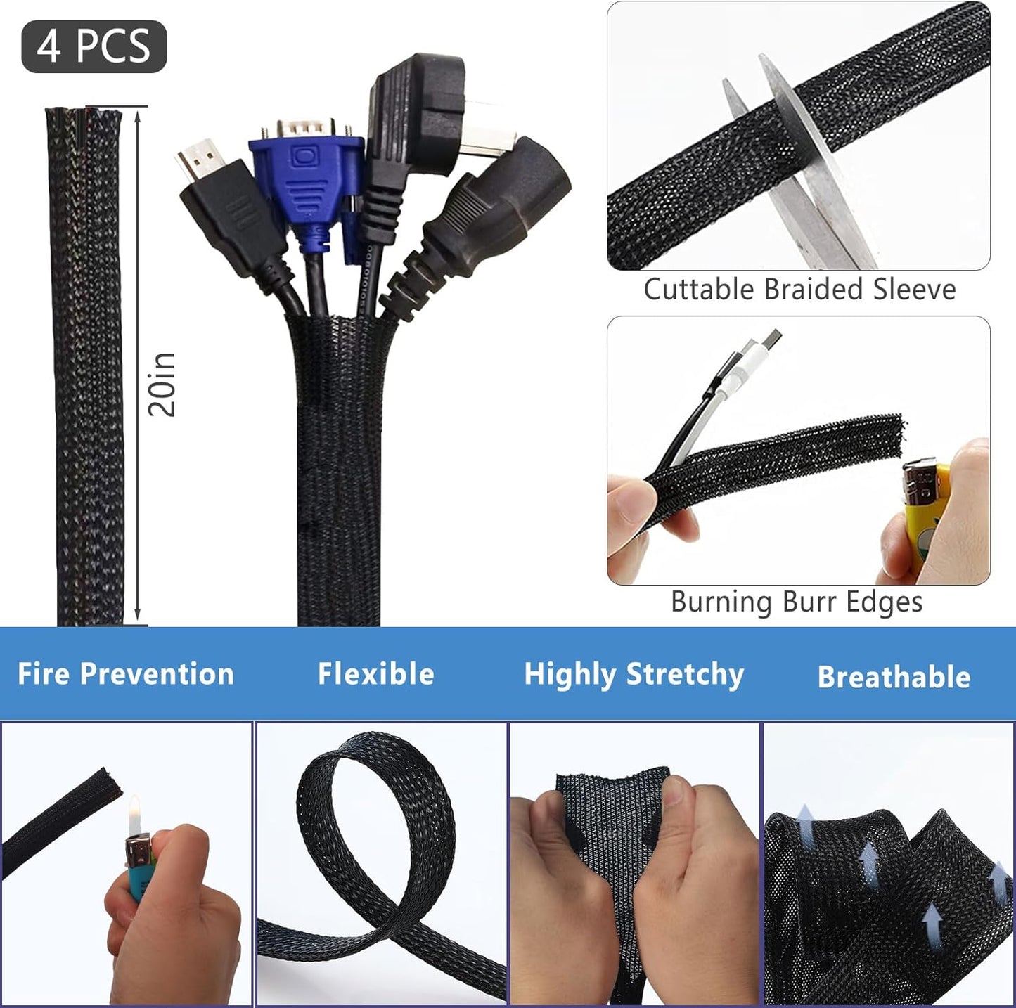 ELII 300PCS Cable Management Kit,4 Cable Sleeve 35 Cable Clips | 11Cord Holders,20 Roll Cable Organizer Straps, 200 Fastening Cable Ties,20 Cable Zip Tie Mounts for Computer TV Under Desk