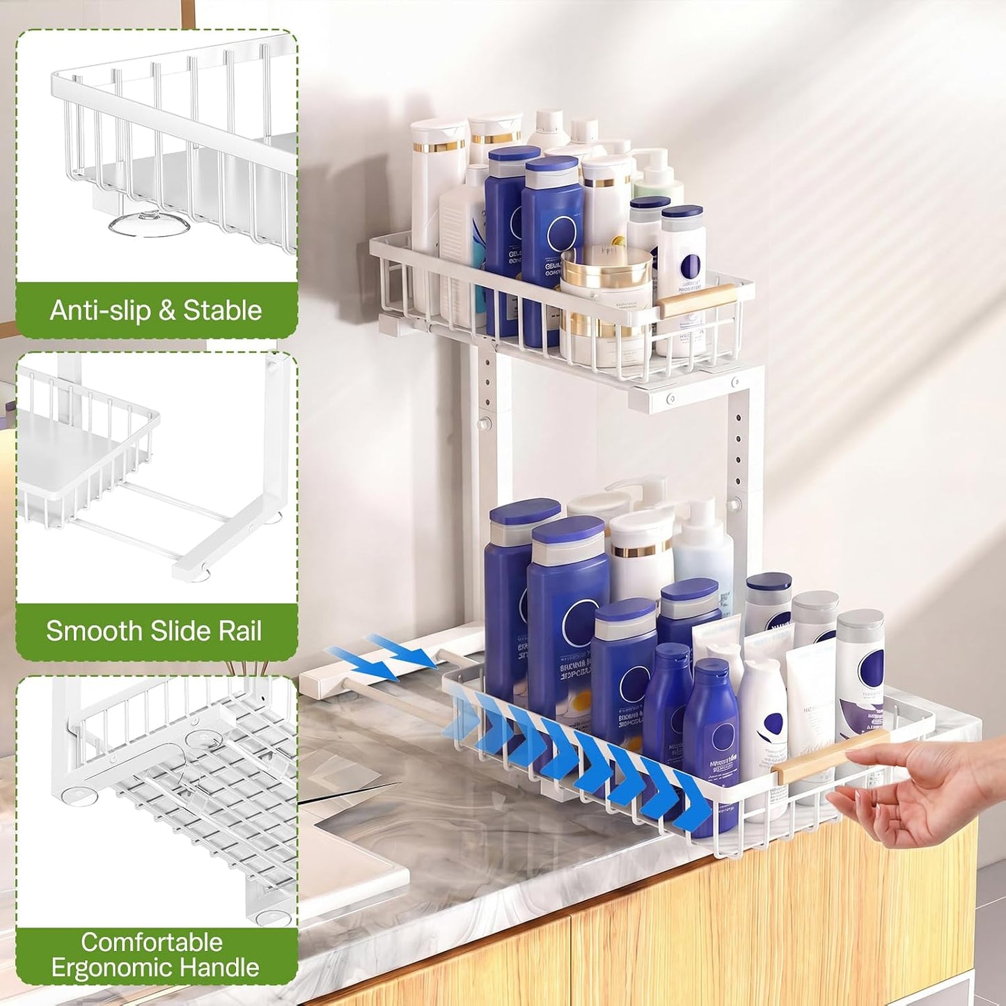 Under Sink Organizer, Pull Out Kitchen Storage Cabinet Organizer, 2-Tier Metal Slide Out Shelf for Bathroom Laundry Kitchen Storage with Drawers, 11.8"W x 15.9"D x 13.8-16.9"H, White, 2 Pack