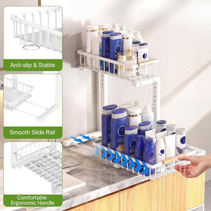 Under Sink Organizer, Pull Out Kitchen Storage Cabinet Organizer, 2-Tier Metal Slide Out Shelf for Bathroom Laundry Kitchen Storage with Drawers, 11.8"W x 15.9"D x 13.8-16.9"H, White, 2 Pack