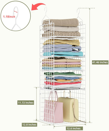 X-cosrack Closet Hanging Organizer Shelves - 5 Tier Wardrobe Organizers and Storage Bin, Hanging Organizer Shelves, Clothes Shelf with Adjustable Dividers for Bedroom Closet Sweater Shoes Handbag