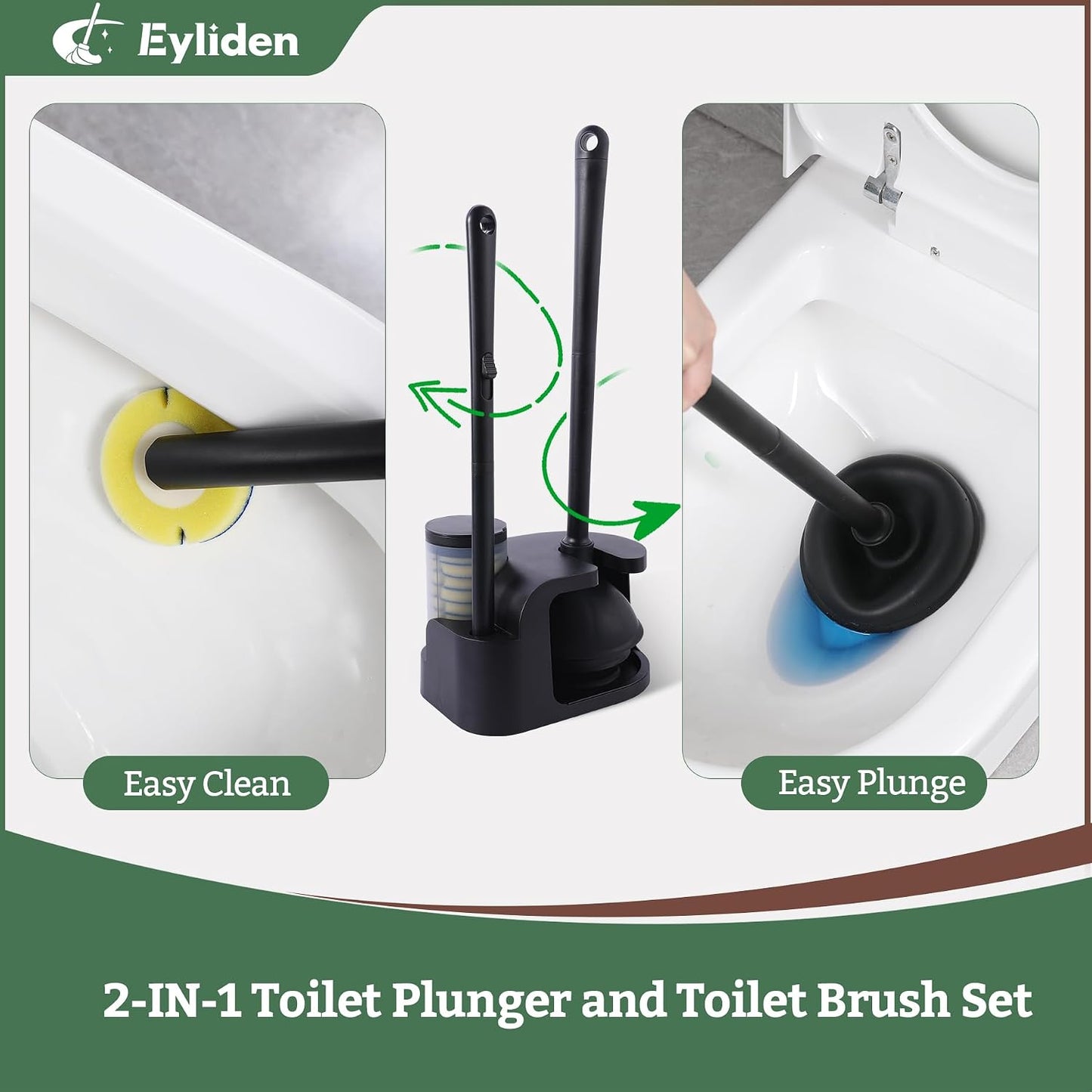 Eyliden Toilet Brush and Plunger Set, Disposable Wand Kit with 10 Refills | Pre-Soaked Concentrated Cleaner Sponge, Touch-Free, 2-in-1 Compact Holder, Powerful Suction Cup, Bathroom Cleaning System