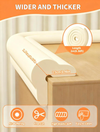 Baby Proofing Edge Protector, 6.6FT, 0.67" Extra Thick, Pre-Taped | L-Shape Air Buffering Soft NBR Rubber Foam Guard, Furniture Corner & Edge Safety Bumpers with 6 Corner Covers, White