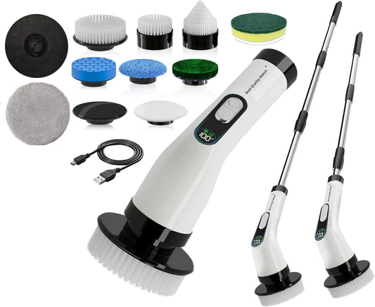 Electric Spin Scrubber for Cleaning, Cordless Power Scrubber with Long Handle, 10 Replaceable Brush Heads, 2-Speed, IPX7 Waterproof for Bathroom, Shower, Tub, Tile & Kitchen