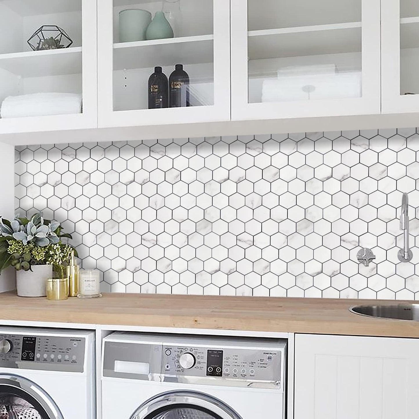 STICKGOO Peel and Stick Backsplash for Kitchen, Self-Adhesive Tile Hexagon Mosaic Tiles (10 Sheets, White Marble with Metal Gold )