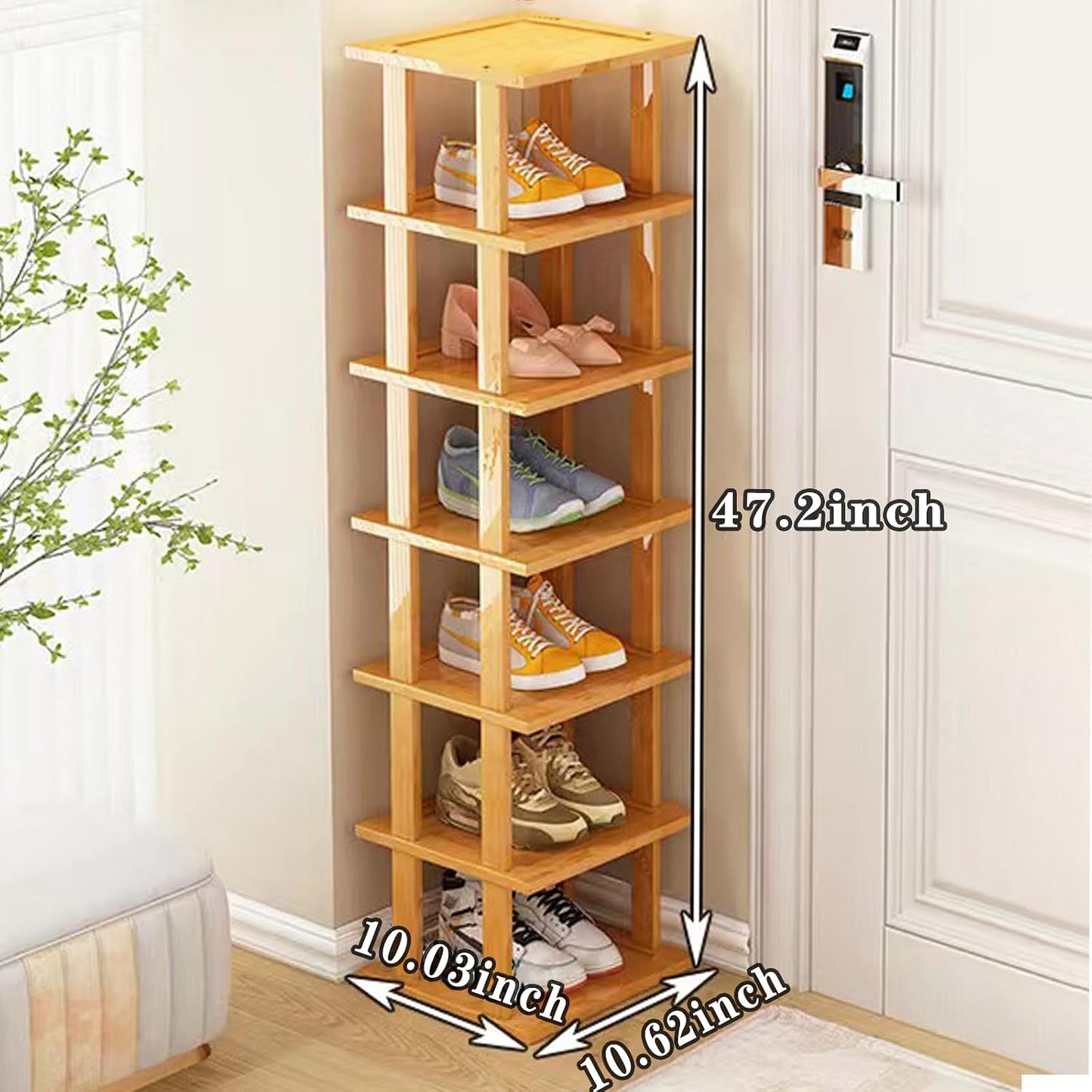 SAN HE 7-Tier Modern Bamboo Shoe Rack - Vertical, Slim, Space-Saving Shoe Organizer for Small Spaces, Closet, Entryway, Corner, Garage, Bedroom