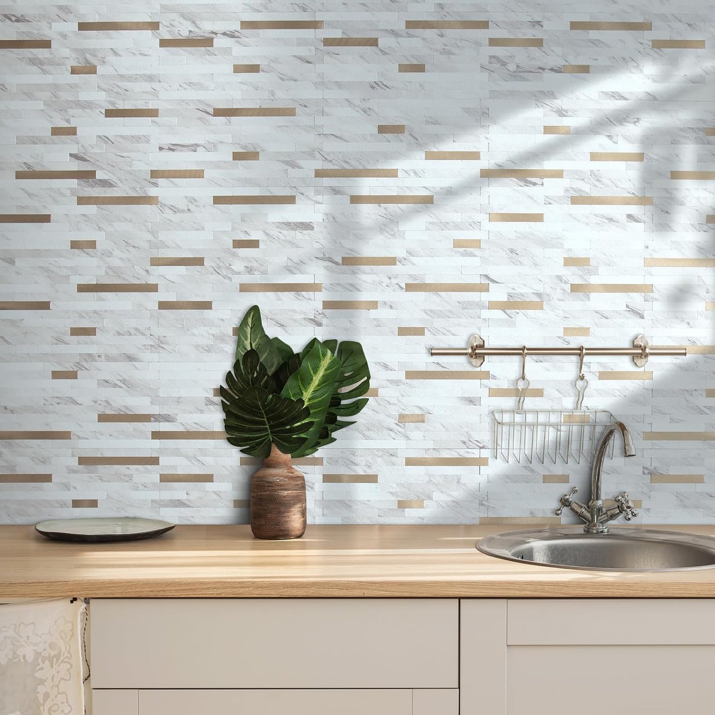 AULIGET 20 Sheets Peel and Stick Backsplash, Black & Grey Wood Look PVC Mixed Metal Stick on Backsplash Tiles for Kitchen