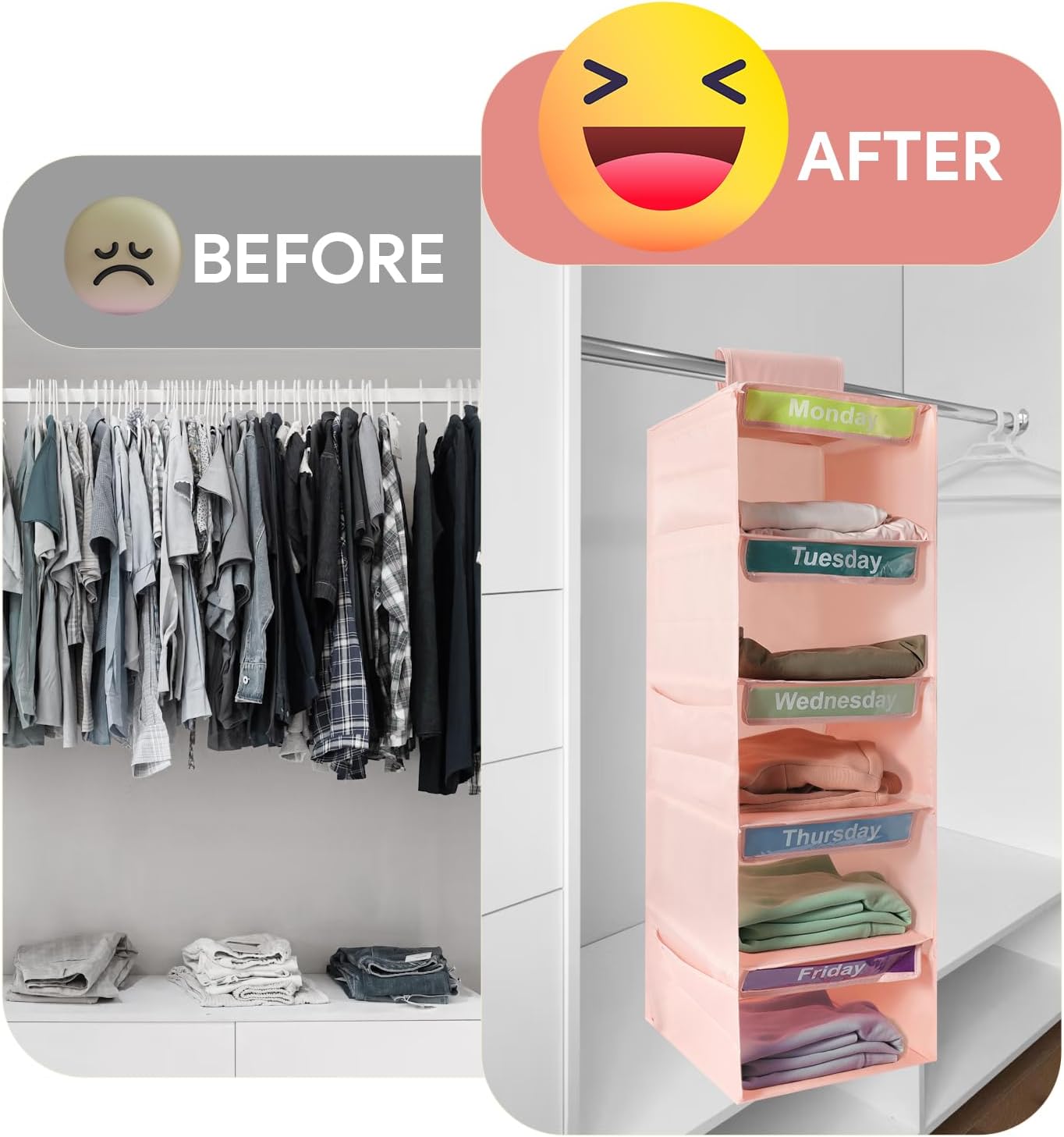 5-Shelf Weekly Clothes Organizer for Kids Days of The Week Hanging Storage Shelves Dorm Room Essential Daily Shelf Hanging Closet Organizer with 6 Side Pockets…